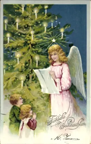 Ak Frohe Weihnachten, Engel, Kinder, Tannenbaum