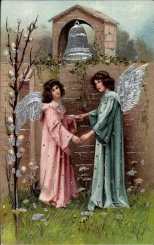 Präge Ak Frohe Ostern, Zwei Engel, Glocke, Weidenkätzchen