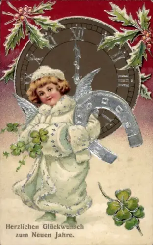 Präge Ak Glückwunsch Neujahr, Engel, Klee, Hufeisen, Uhr
