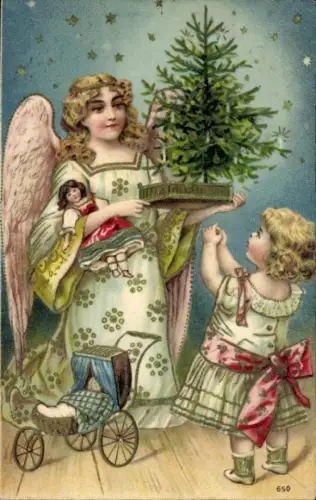 Präge Ak Frohe Weihnachten, Tannenbaum, Engel, Mädchen, Puppe
