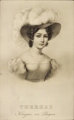 Künstler Ak Königin Therese von Bayern, Portrait mit Federhut