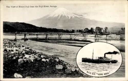Ak Japan, Berg Fuji, Fluss, Dampfer Kamo Maru, NYK Line