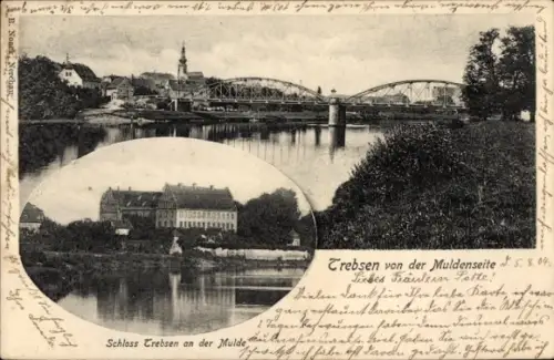 Ak Trebsen an der Mulde Sachsen, Teilansicht mit Brücke, Schloss Trebsen
