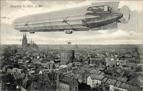 Ak Köln am Rhein, Gesamtansicht, Zeppelin