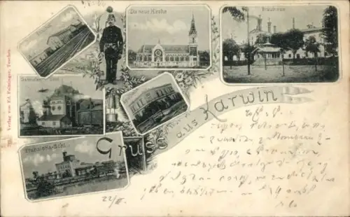 Ak Karviná Karwin Region Mährisch Schlesien, Kirche, Brauhaus, Franziska-Schacht, Bahnhof, Bergmann