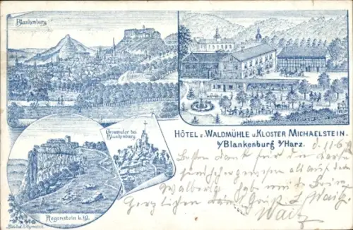 Litho Blankenburg am Harz, Kloster Michaelstein, Hotel zur Waldmühle, Regenstein, Großmutter
