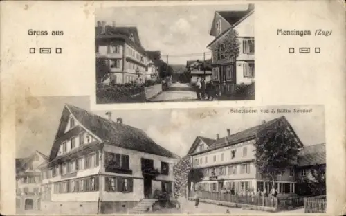 Ak Menzingen Kt. Zug Schweiz, Schreinerei J. Röllin Neudorf, Straßenpartie, Gasthaus