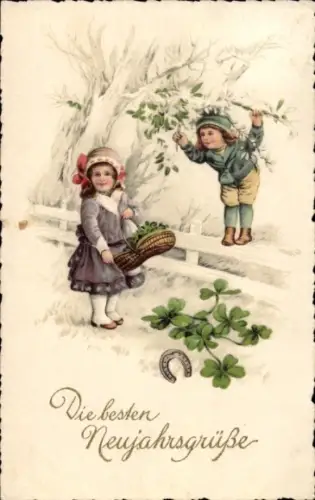 Litho Glückwunsch Neujahr, Kinder, Kleeblätter