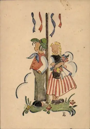 Künstler Ak Junge und Mädchen in Tracht, unter einem Maibaum