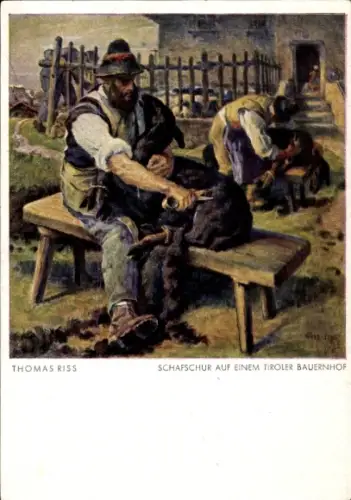 Künstler Ak Riss, Thomas, Schafschur auf einem Tiroler Bauernhof