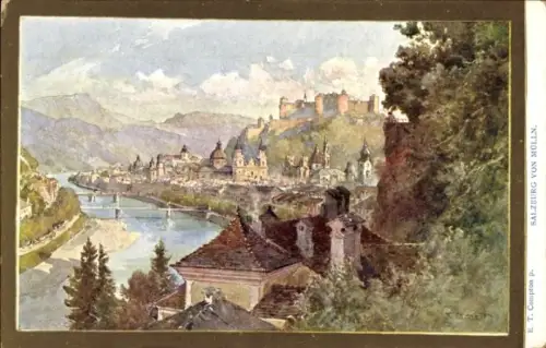 Ak Salzburg in Österreich, Aussicht auf  Fluss, Berge, Burgen, T. Compton p.