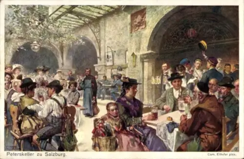 Ak Salzburg in Österreich, Peterskeller, Menschen in Trachten, Tische mit Getränken, Gemütliche A
