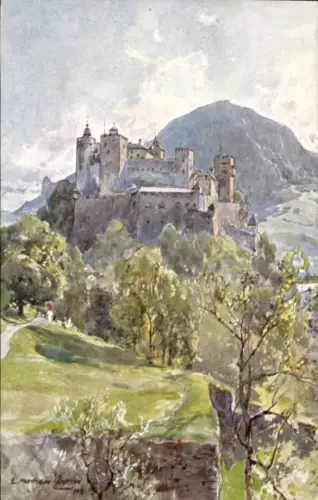 Ak Salzburg in Österreich, Festung Hohensalzburg, Burg  Berglandschaft, Bäume, Wasserfarbe