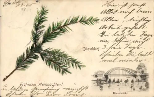 Ak Fröhliche weihnachten Düsseldorf, Rheinbrücke und Tannenzweig