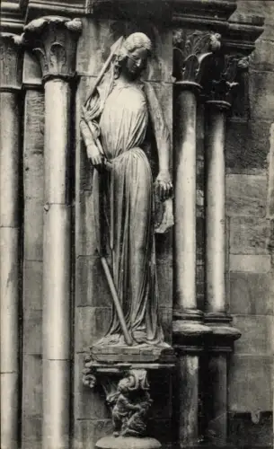 Ak Strasbourg Straßburg Elsass Bas Rhin, Statue am Südportal der Kathedrale