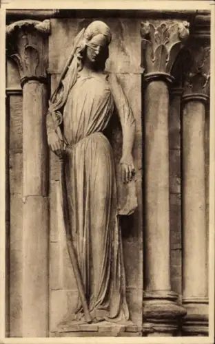 Ak Strasbourg Straßburg Elsass Bas Rhin, Skulptur einer blinden Frau, Säulen im Hintergrund, Text