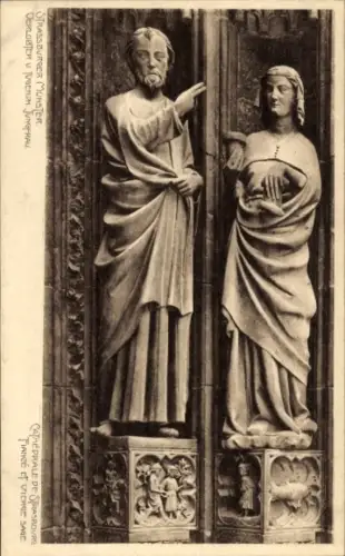 Ak Strasbourg Straßburg Elsass Bas Rhin, Strassburger Münster, Statue von Verlobtem und Jungfrau,