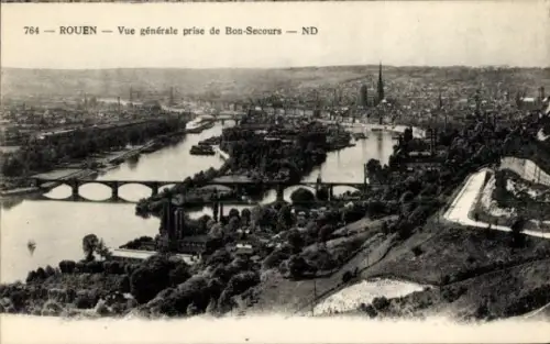 Ak Rouen Seine Maritime, Stadtansicht von  Flüsse, Brücken, Bäume, Hügel