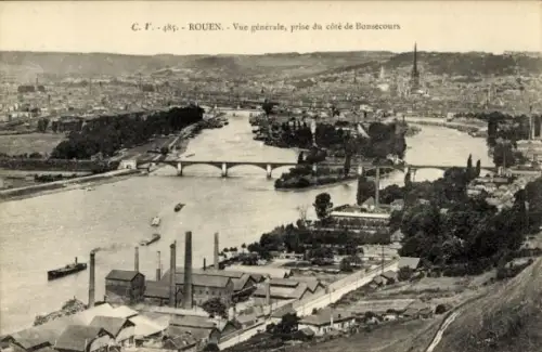 Ak Rouen Seine Maritime, Blick auf  Seine, Brücken, Industrieanlagen, Bonsecours