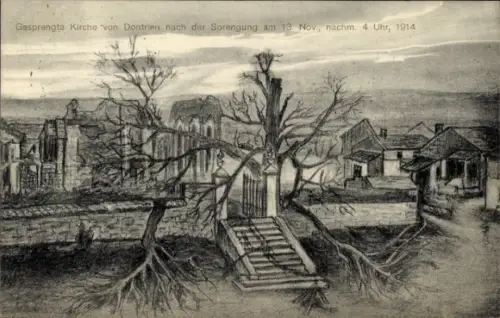 Ak Dontrien Marne, Gesprengte Kirche, Ruinen, zerstörte Landschaft, Bäume ohne Blätter