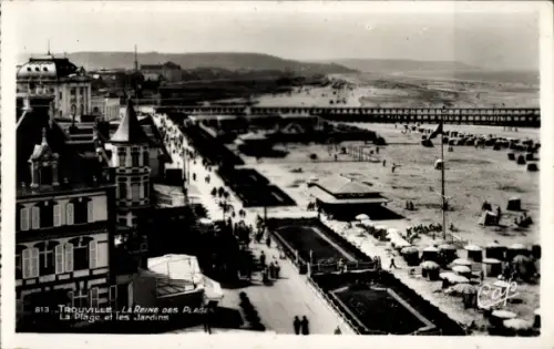 Ak Trouville sur Mer Calvados, Strandpromenade, Menschen, Strandkörbe, Bäume, Meer