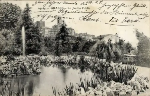 Ak Grasse Alpes Maritimes,  Le Jardin Public, Teich mit Pflanzen, Schriftzug