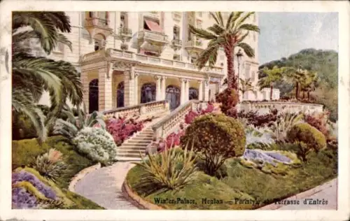 Ak Menton Alpes Maritimes, Winter Palace, Menlon, Terrasse d'Entrée, Gartenlandschaft