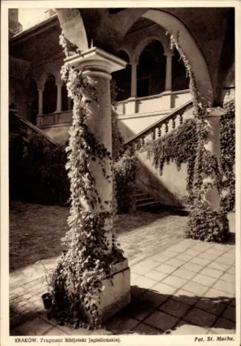 Ak Bielany Kraków Krakau Polen,  Fragment der Jagiellonischen Bibliothek, Säule mit Pflanzen
