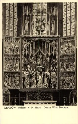 Ak Bielany Kraków Krakau Polen, Altar von Wita Stwosz,  Kirche N. P. Marji, religiöse Figuren