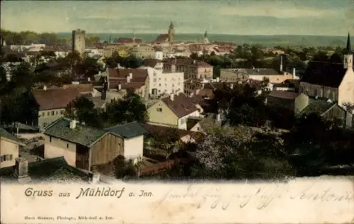 Ak Mühldorf am Inn Oberbayern, Stadtansicht Mühldorf, Häuser, Bäume, Kirche, 