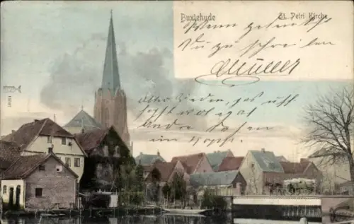 Ak Buxtehude in Niedersachsen,  St. Petri Kirche, Häuser, Wasser, 
