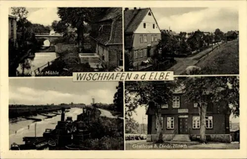 Ak Wischhafen an der Elbe, Vierteilige Ansicht von  Mühle, Gasthaus, Wasserweg