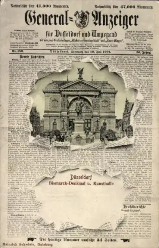 Zeitungs Ak Düsseldorf am Rhein, Bismarck-Denkmal, Kunsthalle, General-Anzeiger