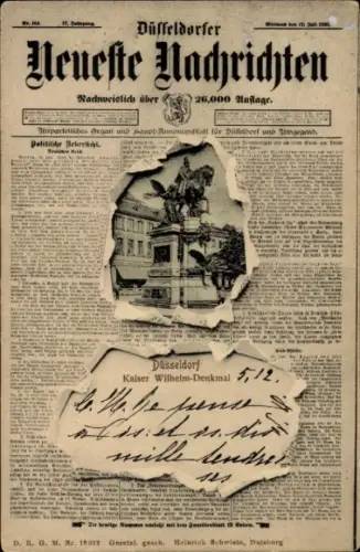 Zeitungs Ak Düsseldorf am Rhein, Kaiser Wilhelm Denkmal, Düsseldorfer Neueste Nachrichten