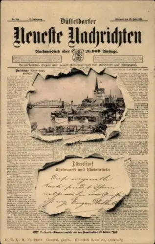 Zeitungs Ak Düsseldorf am Rhein, Rheinwerft. Rheinbrücke, Düsseldorfer Neueste Nachrichten