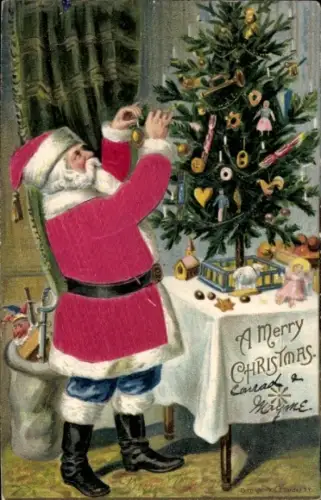 Präge Ak Frohe Weihnachten, Weihnachtsmann schmückt Tannenbaum, Geschenke