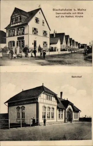 Ak Bischofsheim in Hessen, Dammstraße mit Blick auf die katholische Kirche, Bahnhof