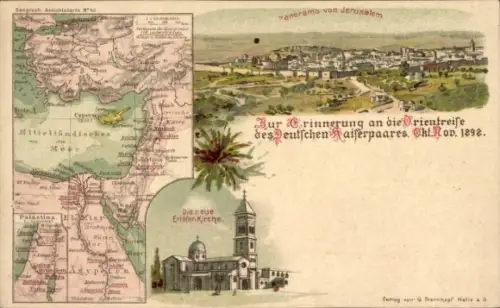 Landkarten Litho Jerusalem Israel, Orientreise des Kaiserpaares 1898