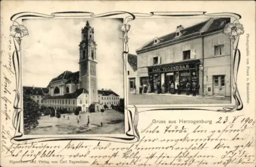 Ak Herzogenburg in Niederösterreich, Kirche, Geschäft Karl Tugendsam