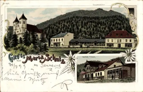 Litho Maria Schutz Schottwien in Niederösterreich, Kirche, Sonnwendstein, Gasthof Prasch