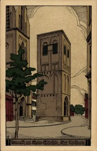 Steindruck Ak Benrath Düsseldorf am Rhein, Mittelstraße, Kirchturm