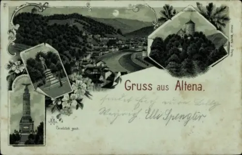 Mondschein Litho Altena in Westfalen, Gesamtansicht, Denkmal, Schloss