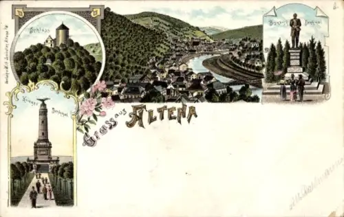Litho Altena im Märkischen Kreis, Schloss, Kriegerdenkmal, Bismarckdenkmal, Ortschaft