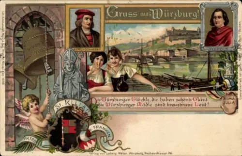 Litho Würzburg am Main Unterfranken, St. Kilian, Riemenschneider, Tiepolo, Würzburger Glöckle, Engel