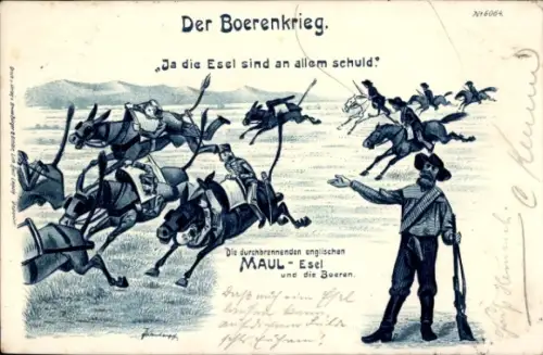 Künstler Litho Südafrika, Boerenkrieg, Durchgebrannte englische Maulesel