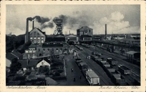 Ak Gelsenkirchen Buer, Zeche Rhein, Elbe, Schornstein, Bahnwaggons