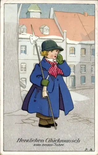 Künstler Ak Baumgarten, F., Glückwunsch Neujahr, Nachtwächter