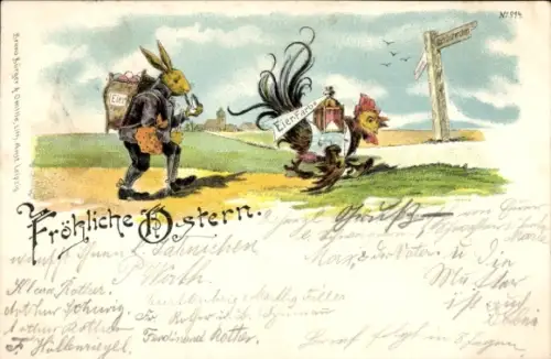 Litho Frohe Ostern, Osterhase trägt Ostereier, Hahn trägt Eierfarbe, BB&OL 814