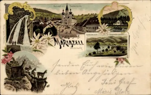 Litho Mariazell Steiermark, Gnadenkirche, Erlafsee, Wasserfall