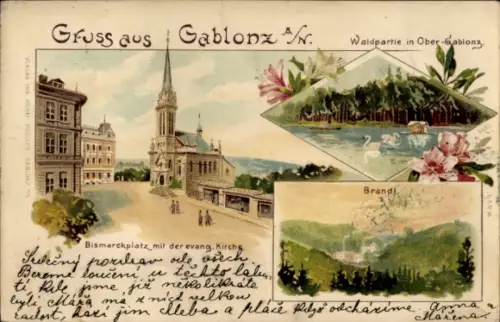 Litho Jablonec nad Nisou Gablonz an der Neiße Region Reichenberg, Bismarckplatz, ev. Kirche, Brandl